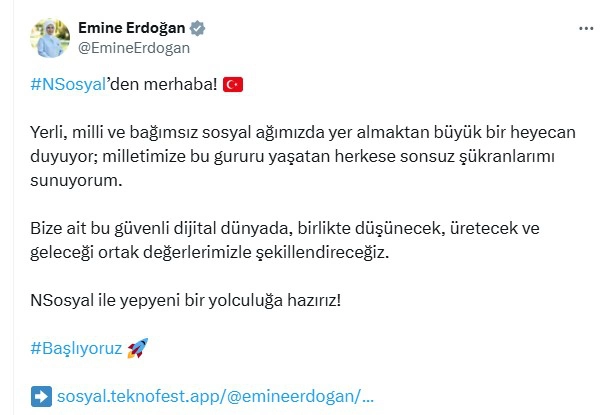 Emine Erdoğan, NSosyal’den ilk paylaşımını yaptı